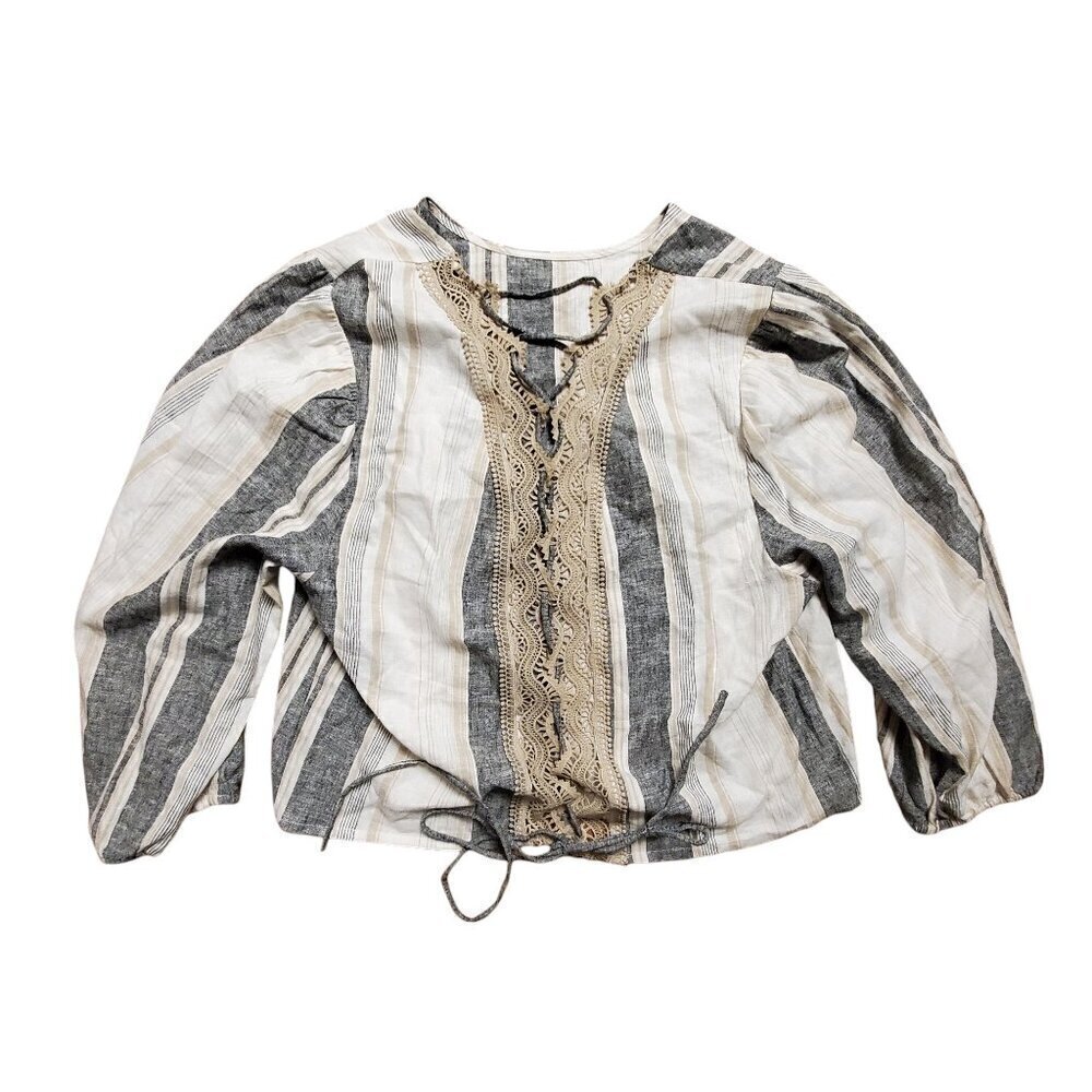 Soho Linen Blend Bohemian Striped Blouse Top Size L Balloon Sleeves Back Tie NWT